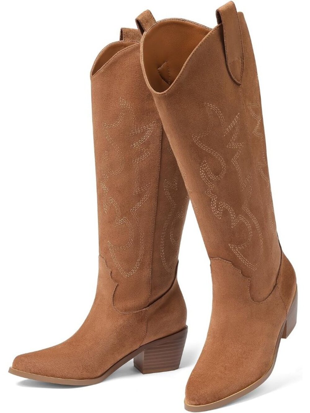 Women's Knee High Wide Calf Brown2 Cowgirl Boots Pull-On Pointed Toe Chunky Heel - Picture 4 of 6
